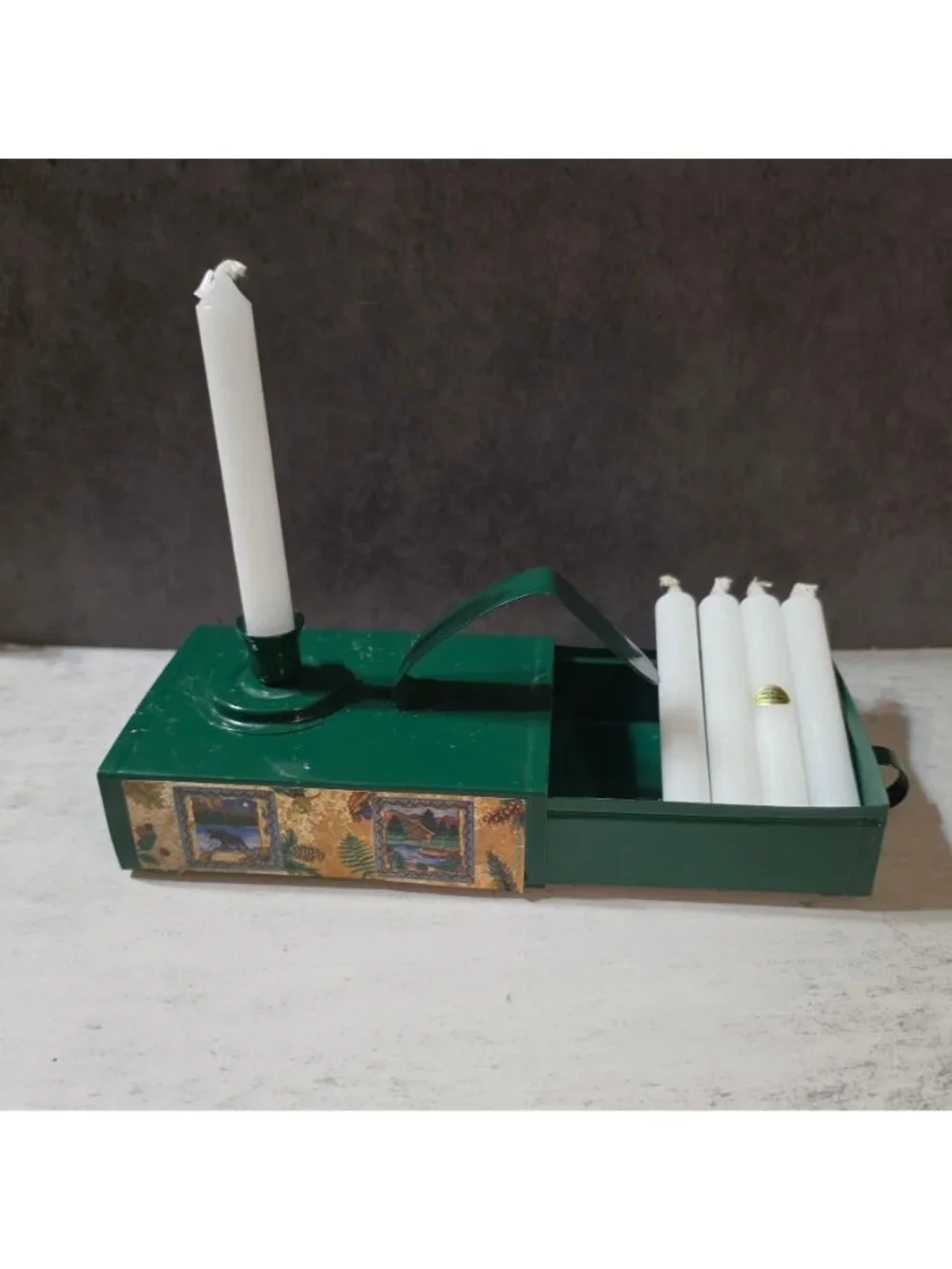 Vtg Green Metal Emergency Candle Tin Holder Storage Drawer Cabin Lodge Bear